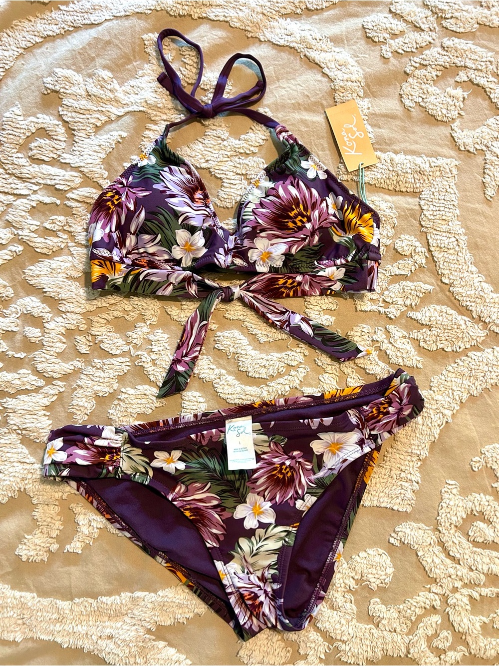 Med/Lrg Kona Sol Purple Floral knot-front Bikini M top / L bottoms